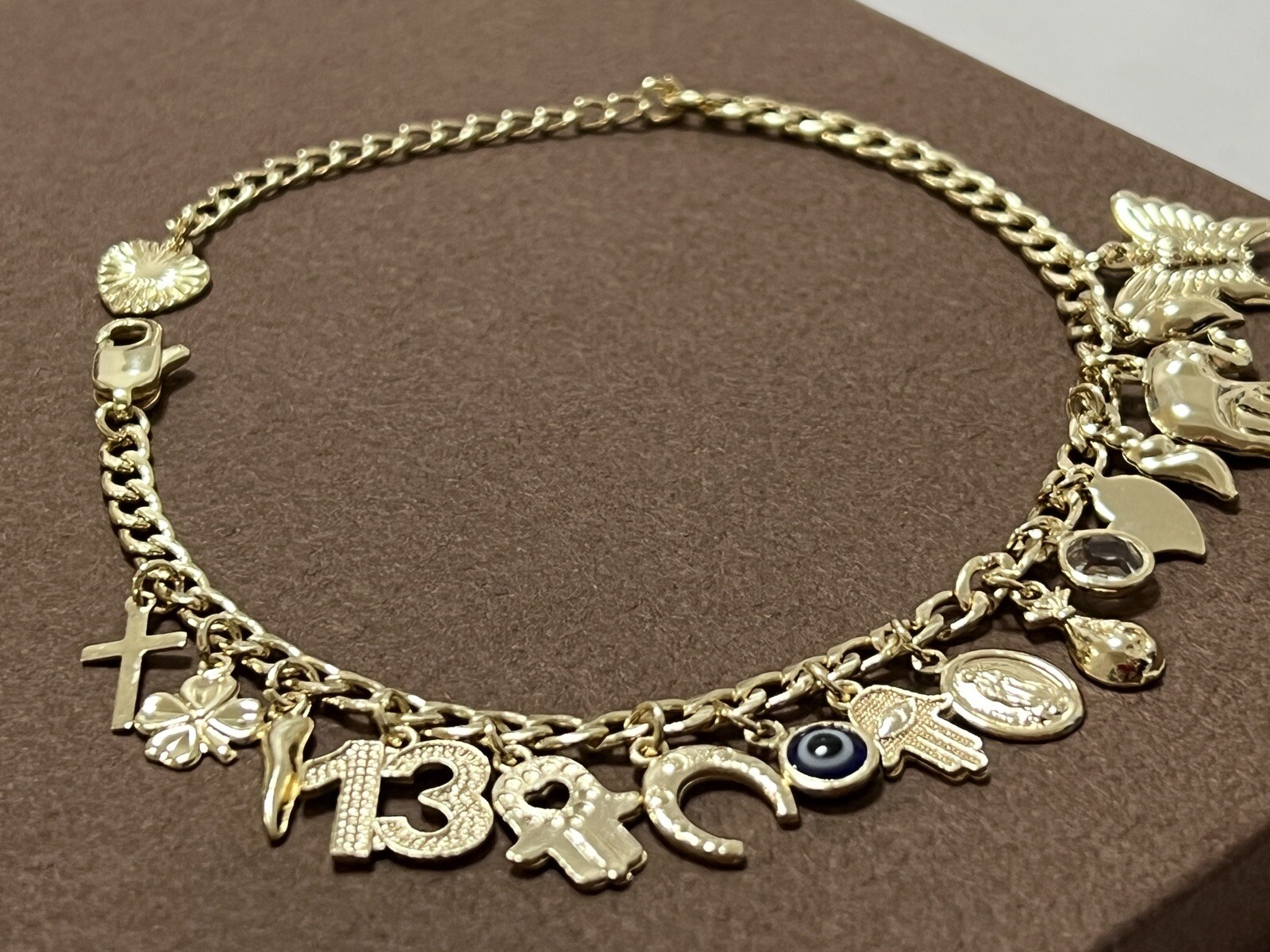 Lucky Charm Bracelet 7” Adjustable, Gold Filled Italian Horn,Butterfly,Elephant