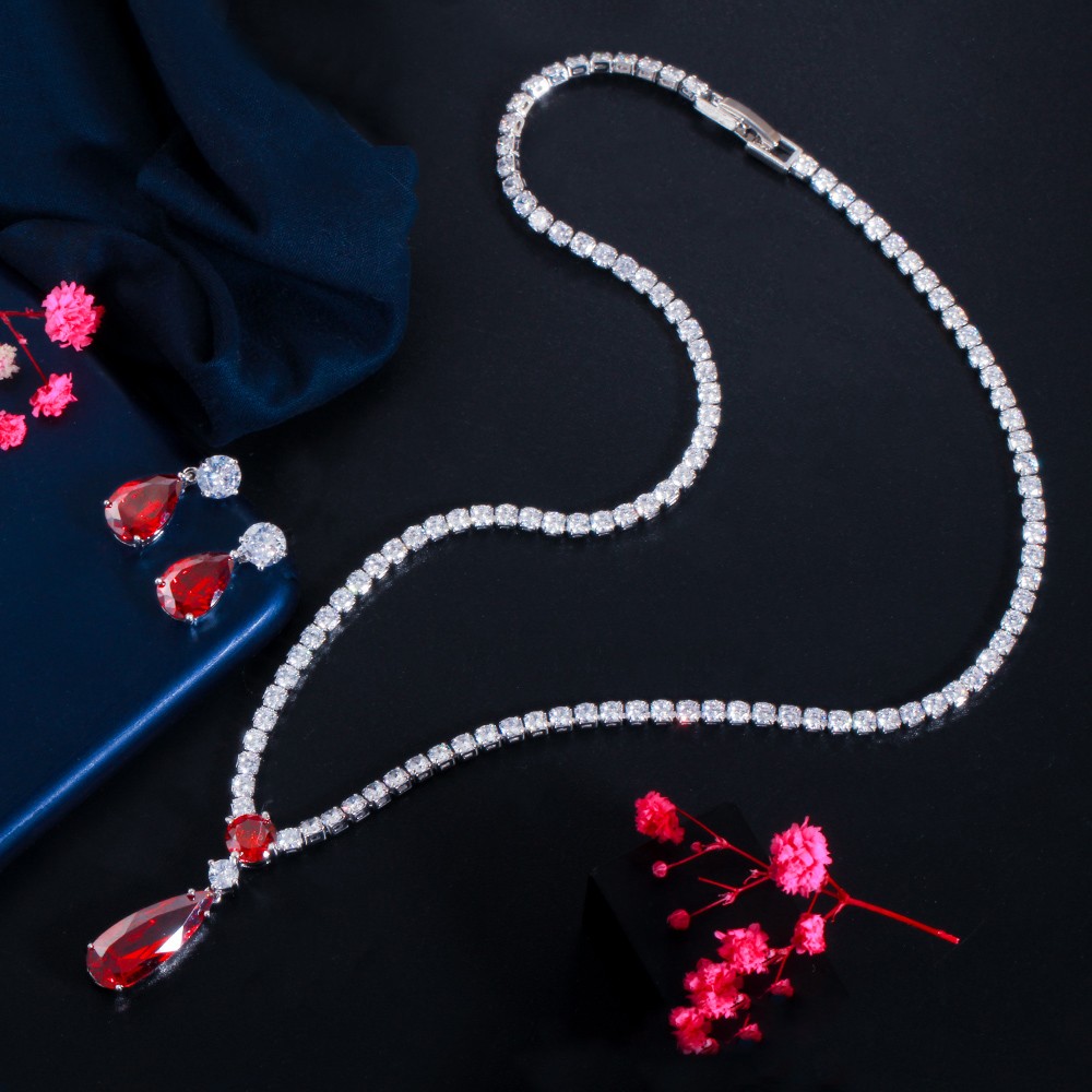 Purple CZ Drop Tennis Pendant Necklace Earrings Fiancee Engagement Jewelry Set