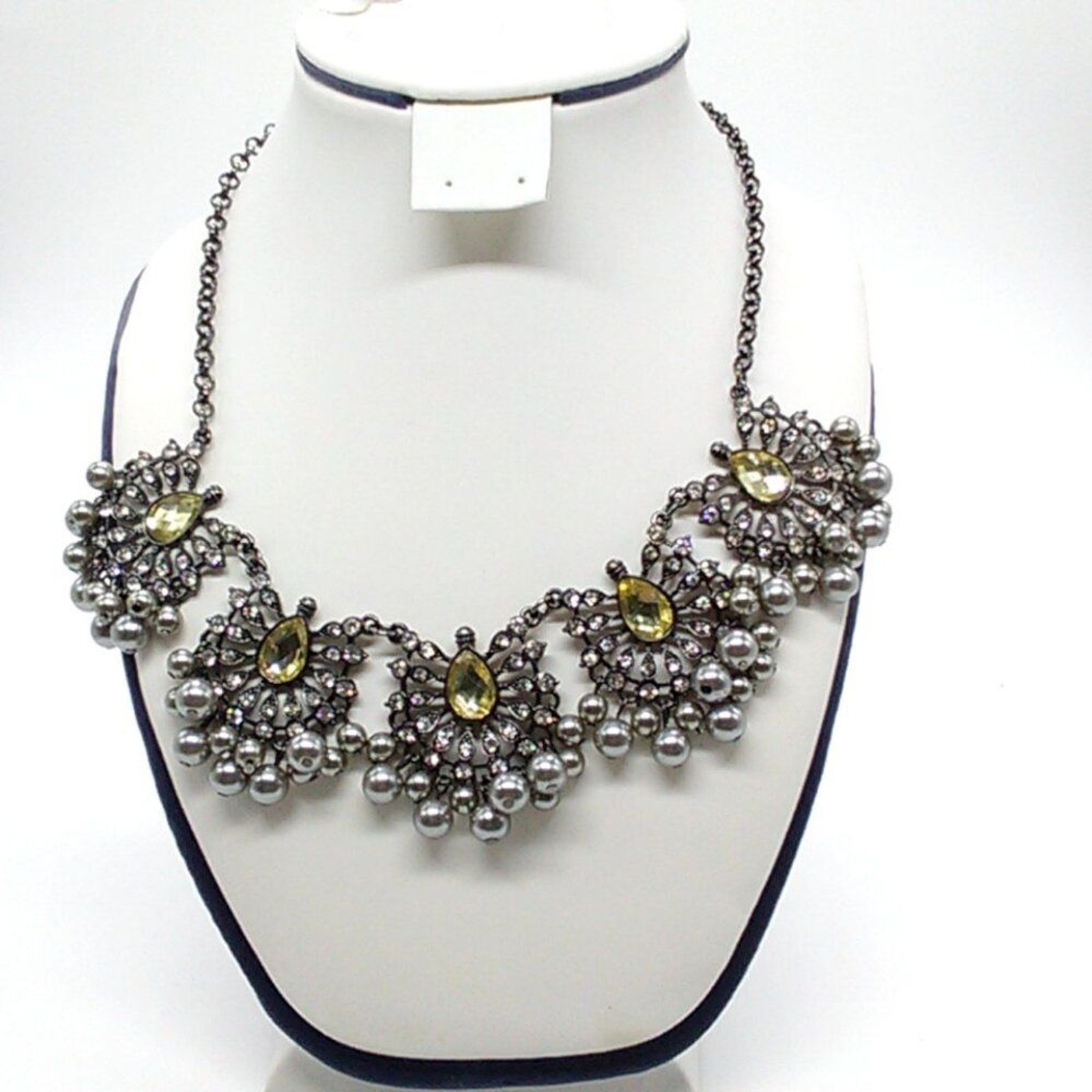 Bib Statement Necklace Yellow Teardrop Crystals, Rhinestones, Gray Faux Pearls