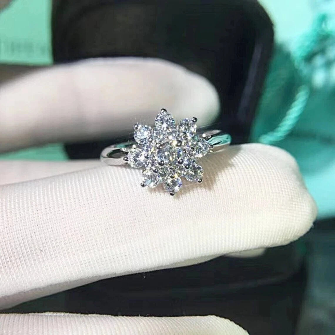 2.50Ct Round Cut Real Moissanite Flower Engagement Ring 14K White Gold Plated