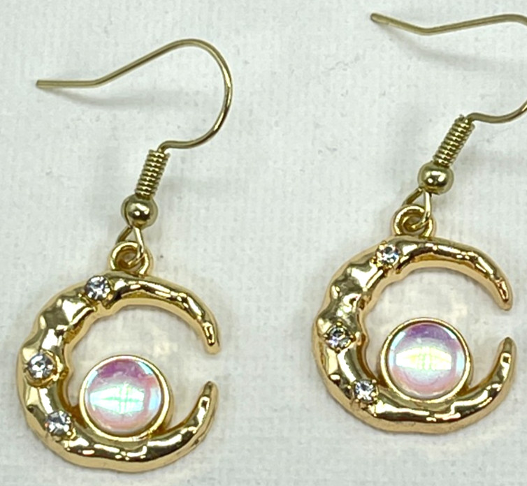 Necklace/Earrings Gold Tone Crescent Moons w/Reflective Stone Ear Drop 1.5 Inch