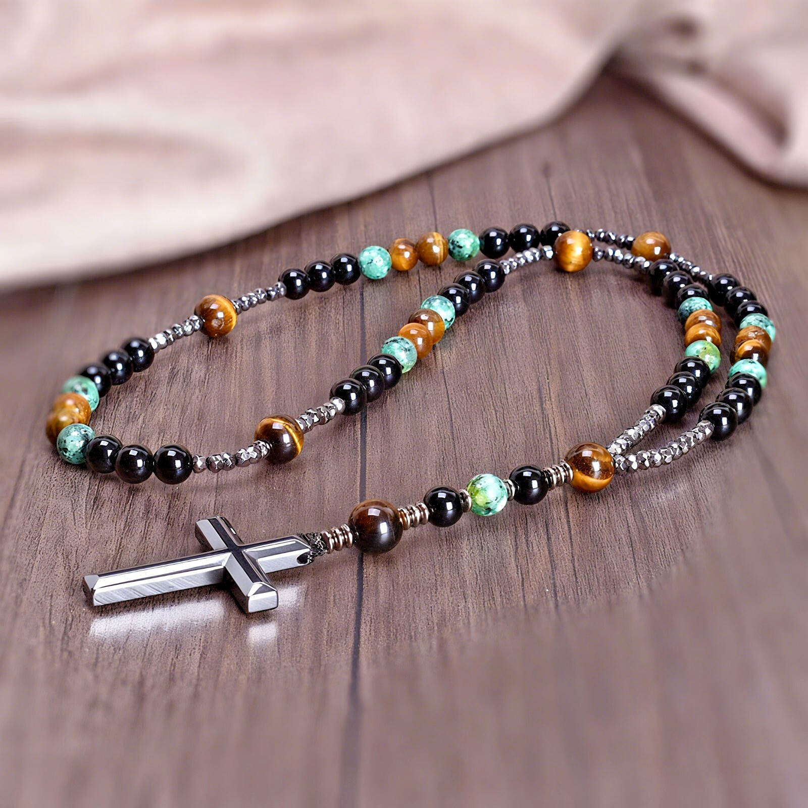 Tiger Eye+Hematite+African Turquoise Mala Prayer Necklace with Cross Pendant