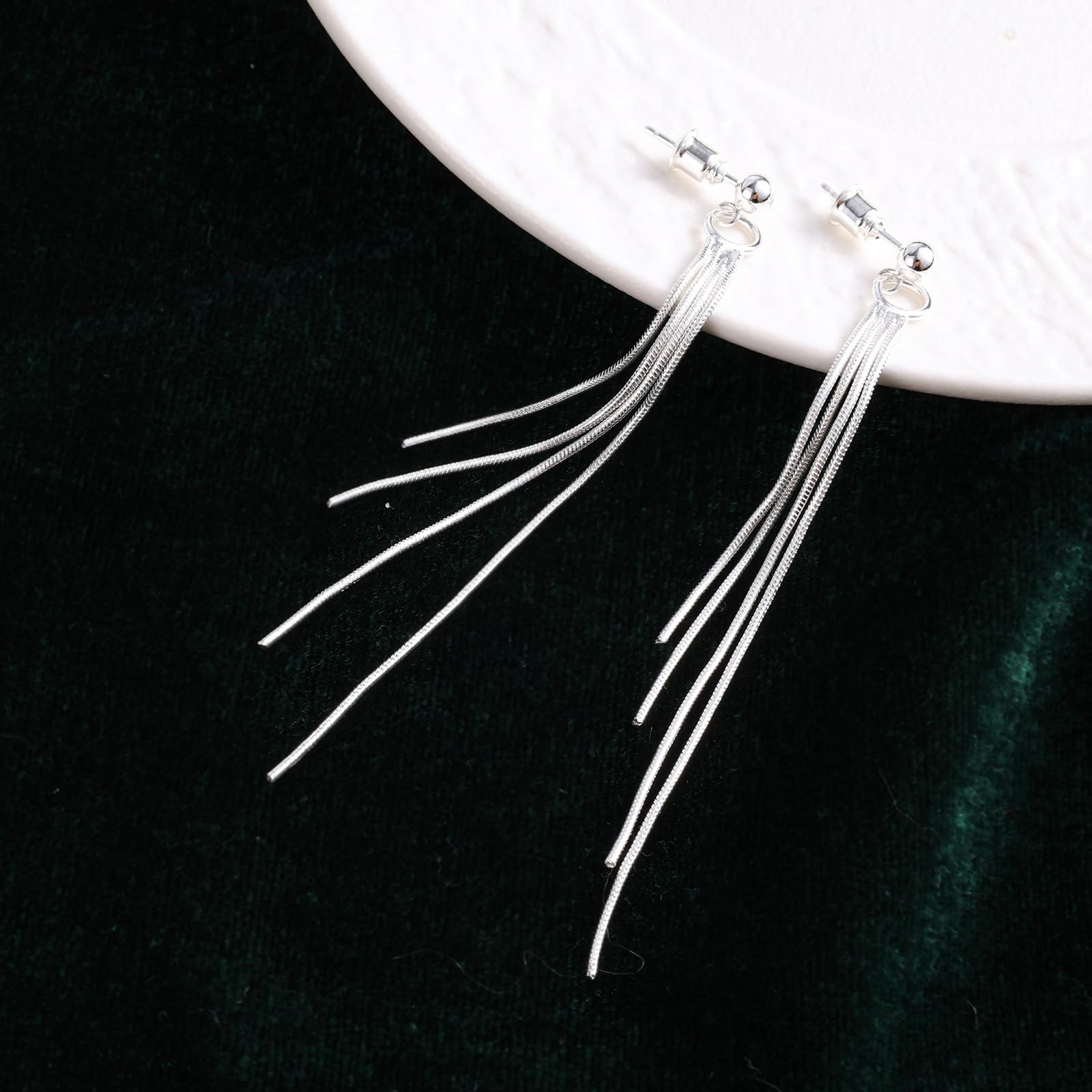 Long Tassel Drop Chain Earrings, Elegant Threader Medium, Silver