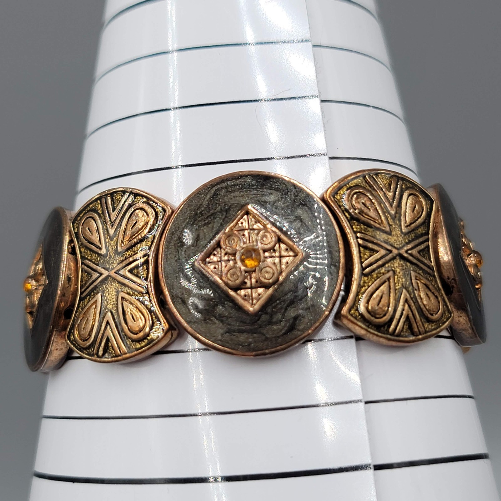 Enamel Medallion Bracelet Bronze tone Elastic 6.25″