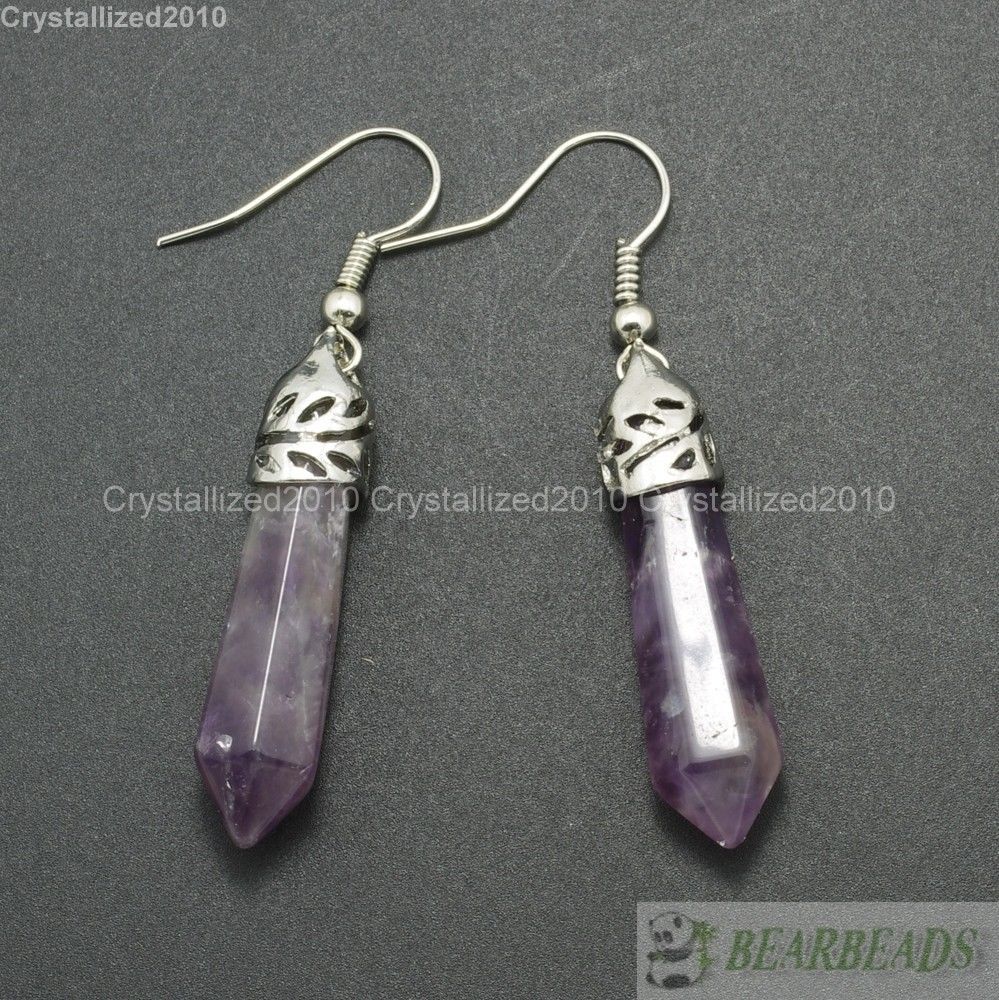 Natural Gemstone Hexagonal Pointed Reiki Chakra Healing Beads Silver Earrings