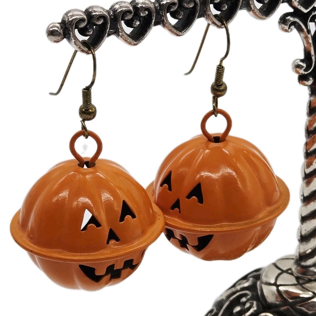 Pumpkin Earrings JINGLE BELLS Funky Halloween Jack o Lantern Novelty Jewelry