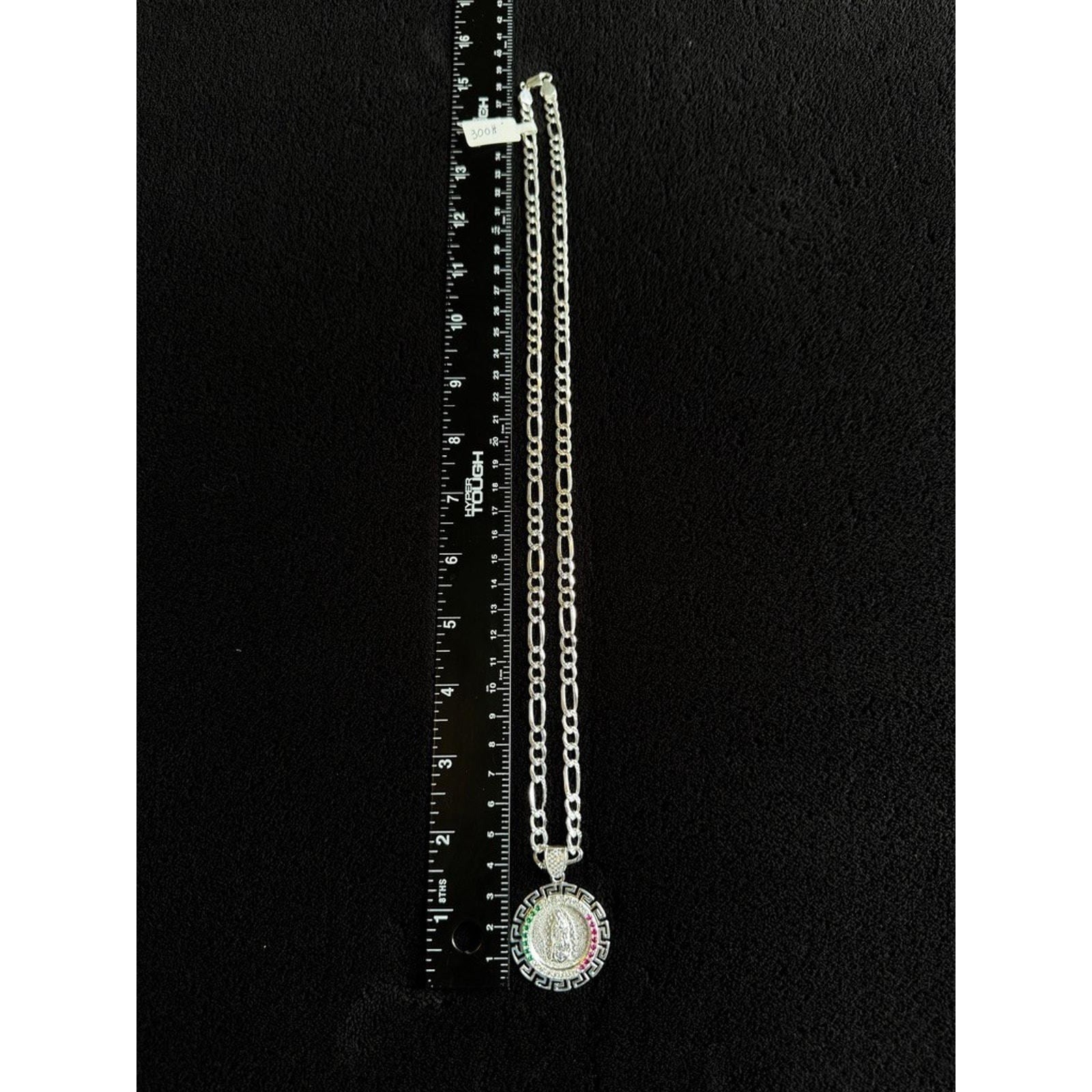 925 Sterling Silver Virgin Mary Pendant Necklace 27 Inch Figaro Chain Italy