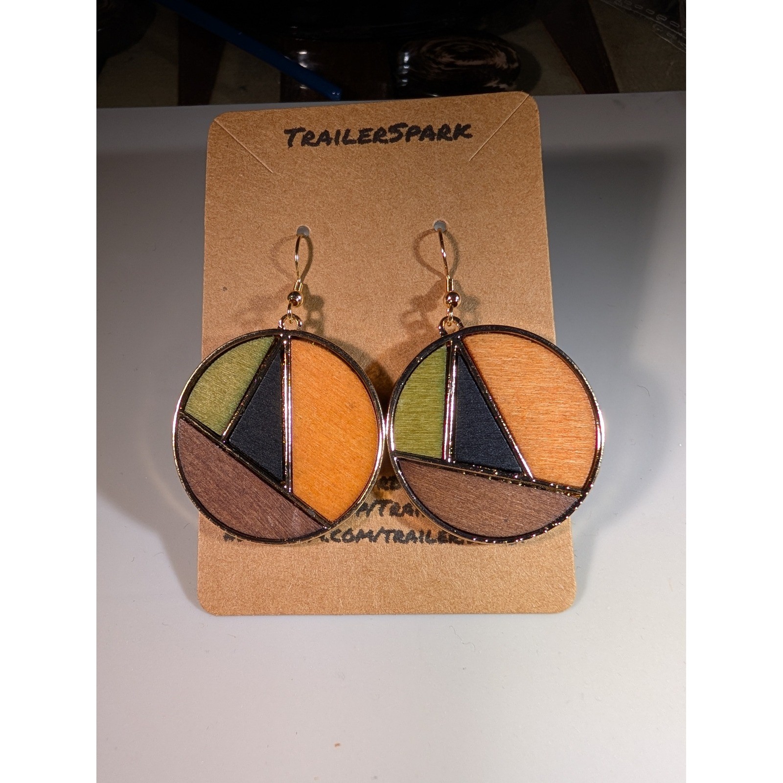 Trailerspark Geometric Wood Inlay Drop Earrings Gold Tone Multi Color Dangle