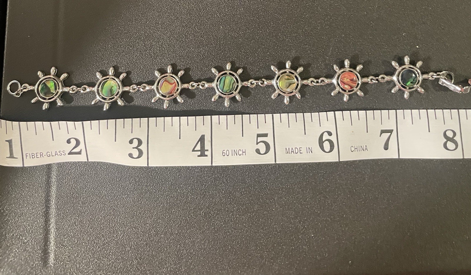Silver Tone Nautical Ship Wheel Dangle Charm Shell Inlay Link Bracelet 7 in