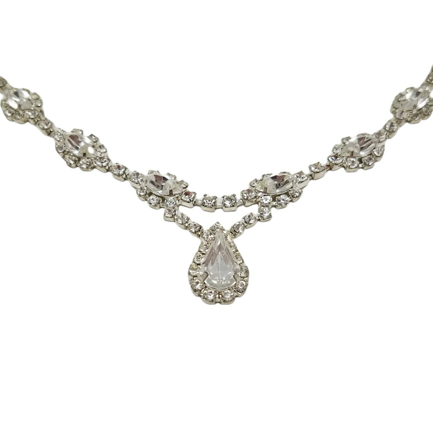 Silvertone Rhinestone Teardrop Necklace Wedding Pageant Evening Special Occasion