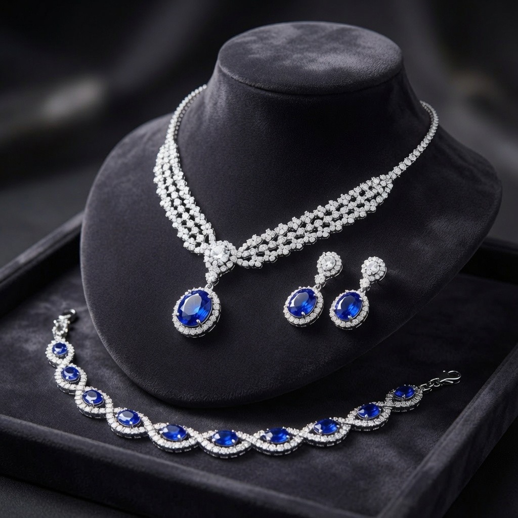 Royal Blue Jewelry Set Rhinestone Silver Blue Crystal Necklace Earring Bracelet