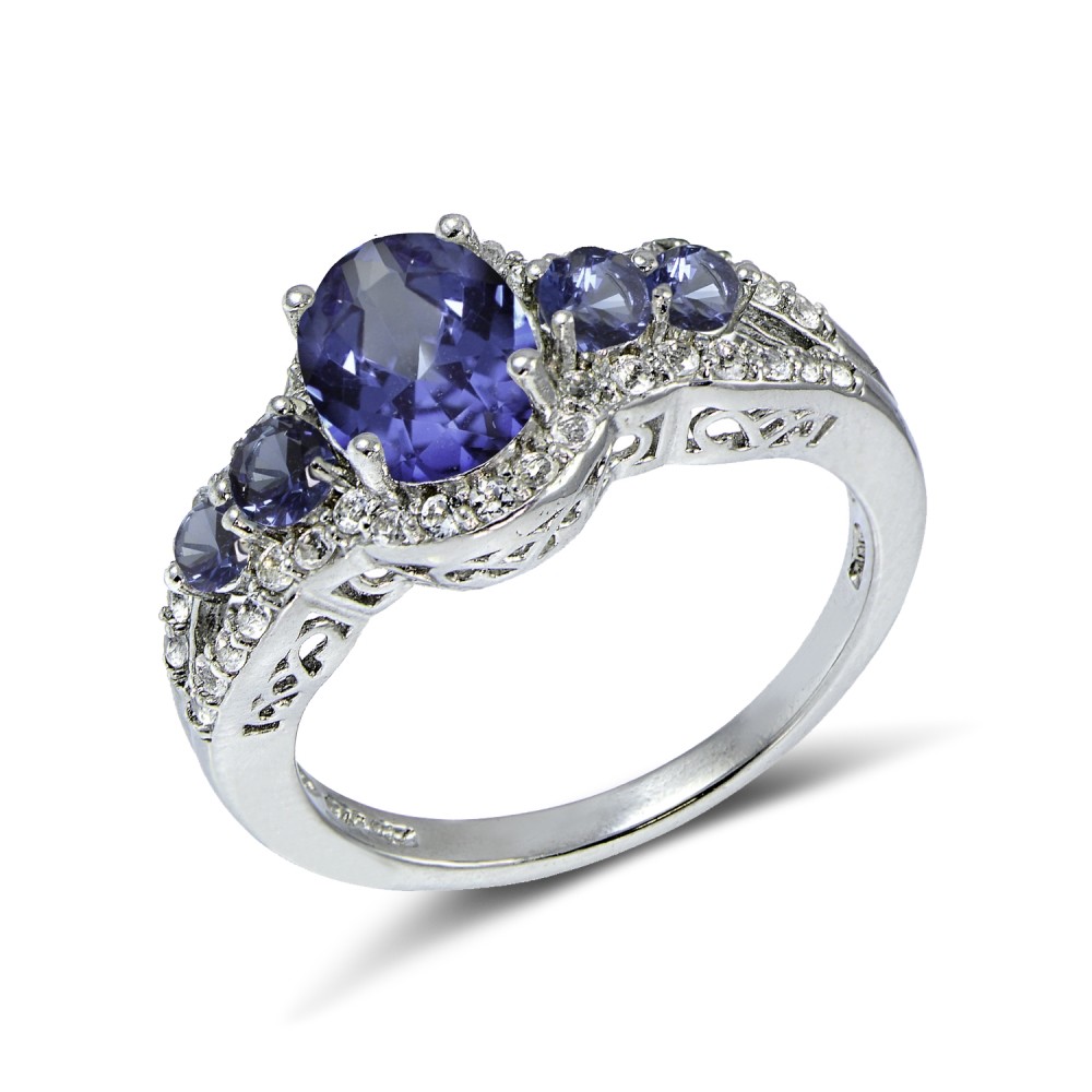 Simulated Tanzanite and Cubic Zirconia Oval Halo Five Stone Ring