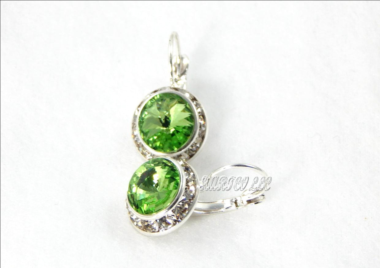 AUSTRIAN CRYSTAL ELEMENTS-10MM CRYSTAL PERIDOT GRN- SIL.PLT. LEVER-BACK EARRINGS
