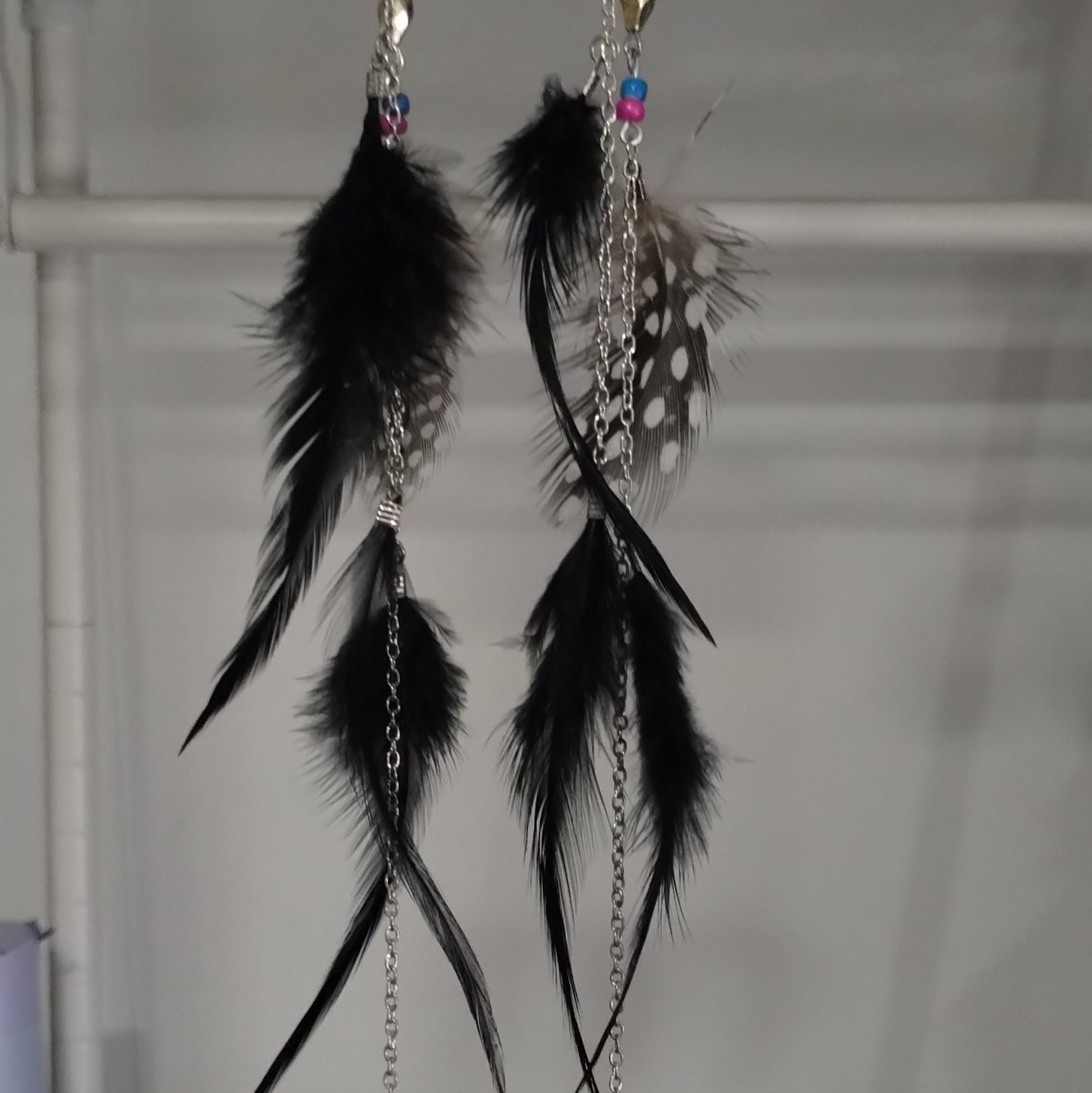 12 Inch Long Dangle/Drop Feather Earrings, Multicolor Beaded Silver-Tone Chain
