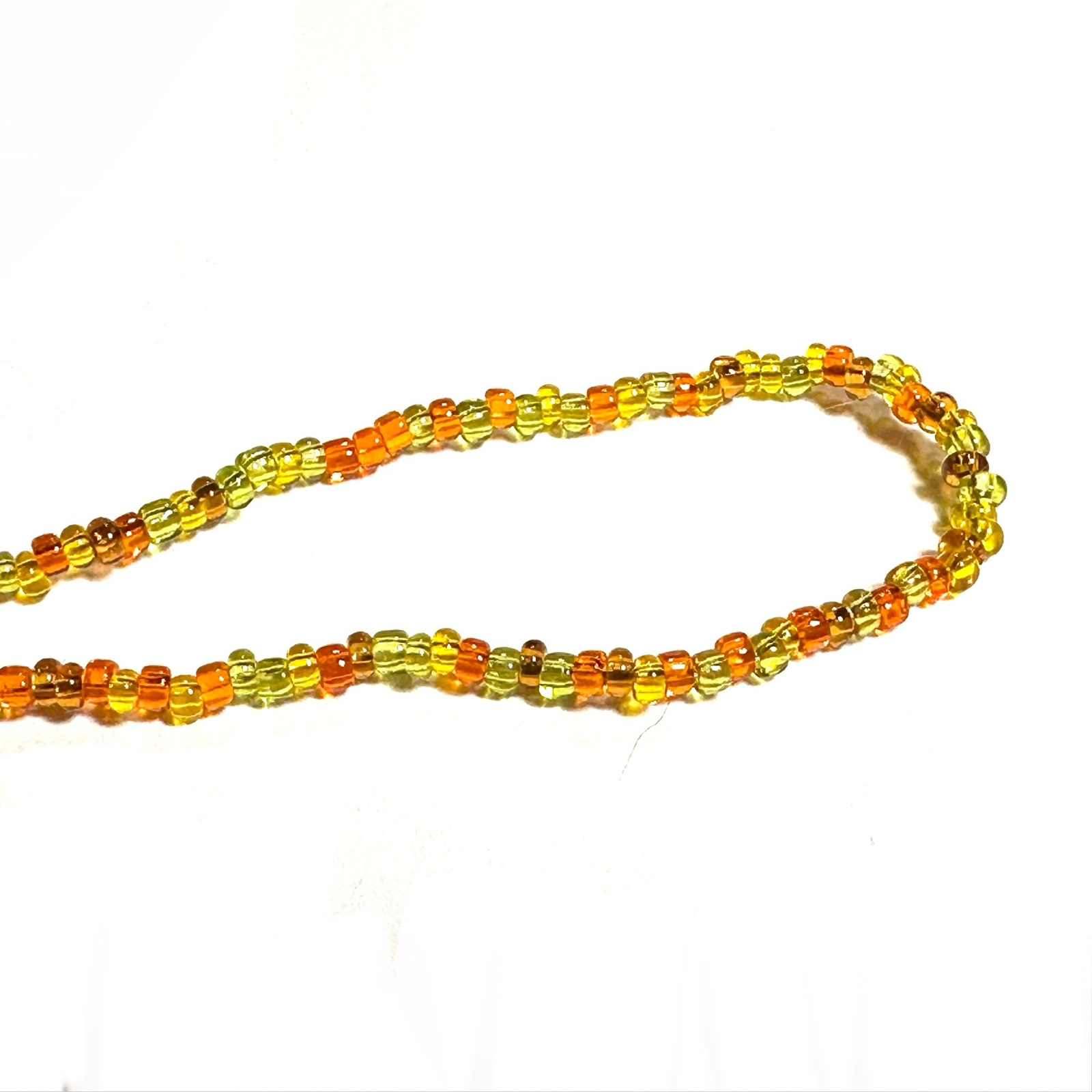 Delicate Single Strand Tiny Seed Bead Necklace Orange Yellow Green 27 inch