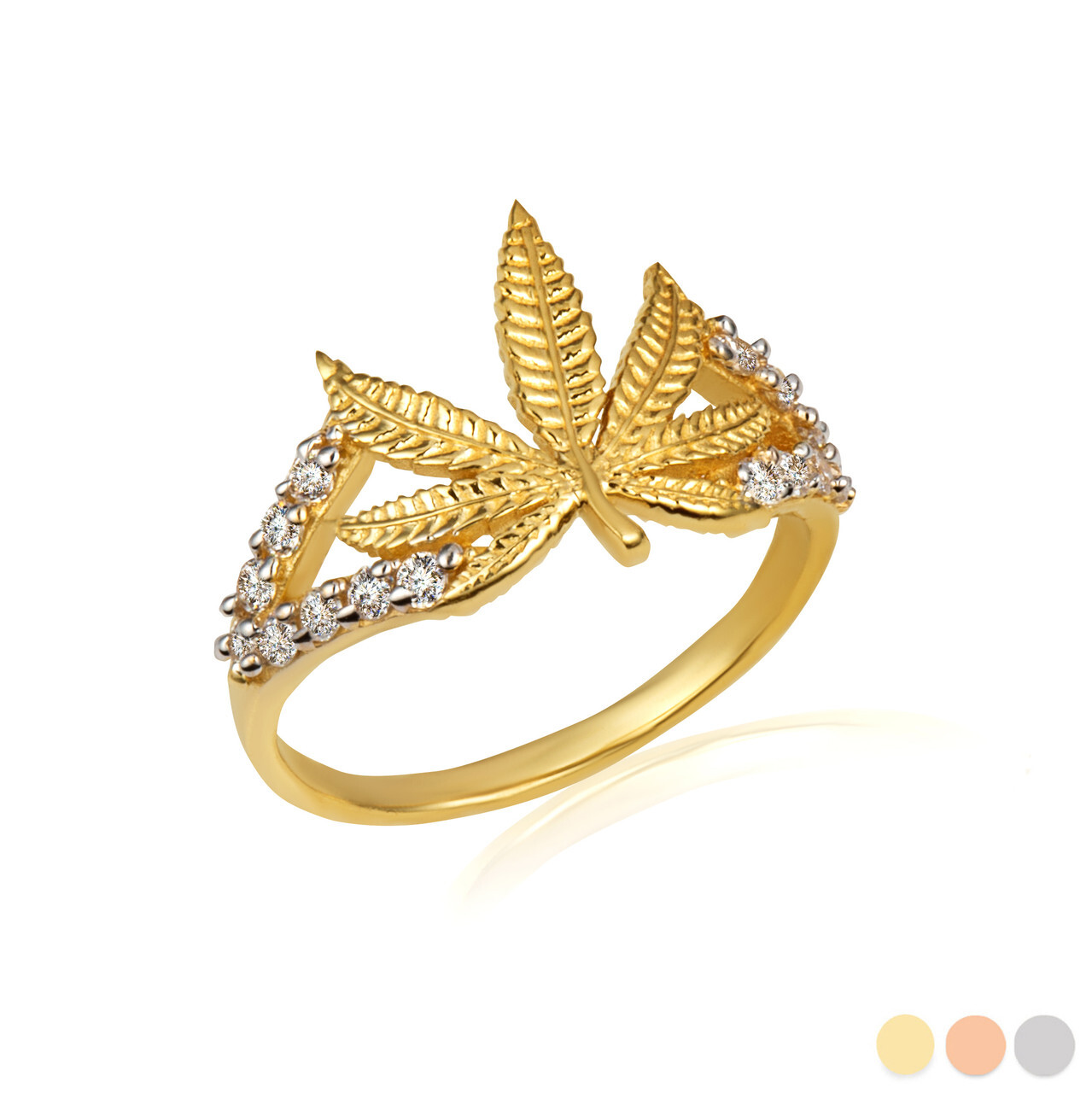 Gold Marijuana Leaf Weed CZ Ring (Available in Yellow/Rose/White Gold)