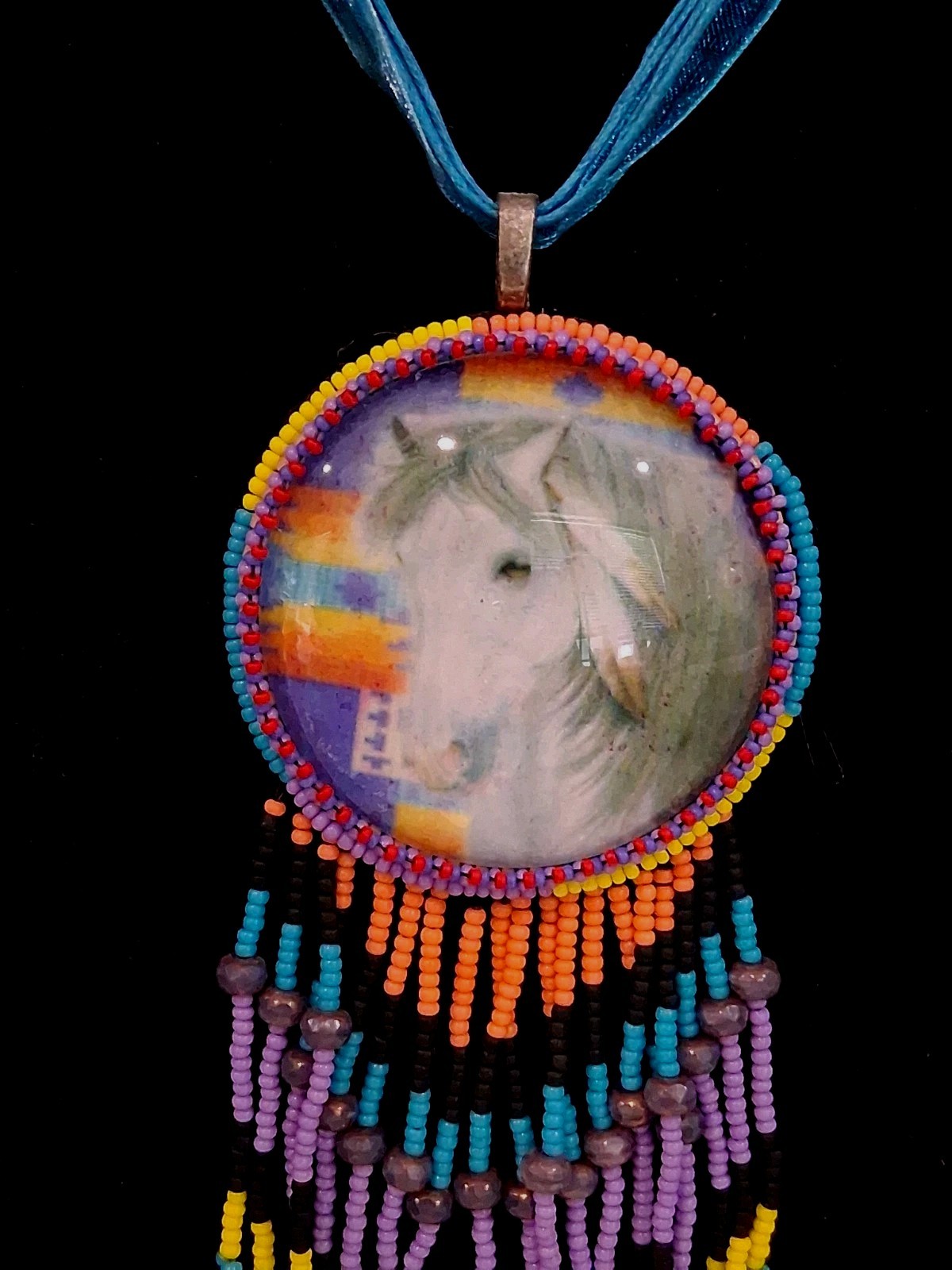 Beaded Medallion 16″Necklace With Horse Design: Multicolored Beadwork&2.5″Fringe