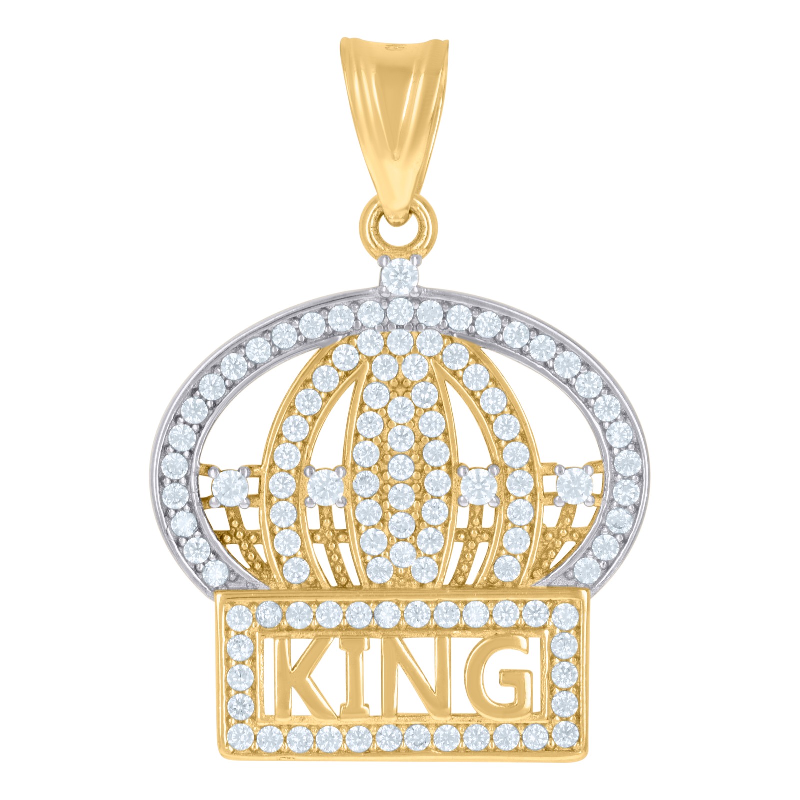 14K Two Tone Gold Round CZ Men’s 1.25″ Royal Charm Iced Out KING Crown Pendant