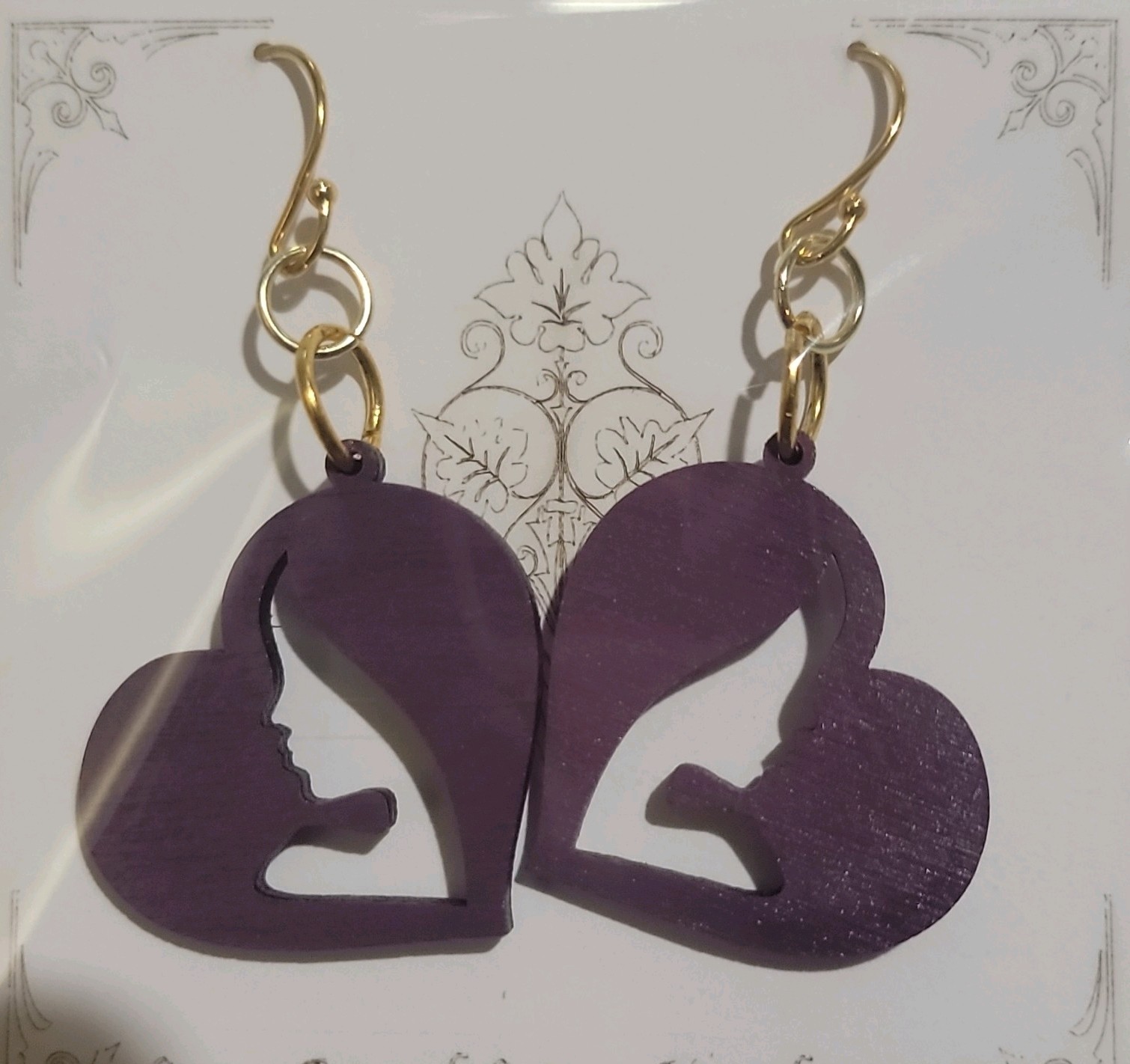 Purple Wooden Heart Silhouette Love Dangle/Drop Hook Earrings, No Stone