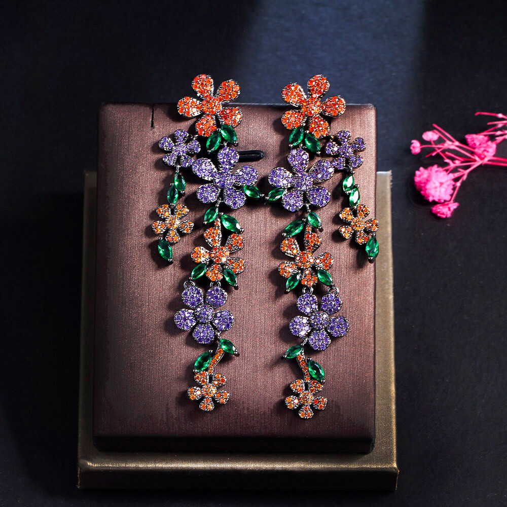 Cubic Zircon Flower Multicolor Leaf Dangle Drop Black Gold Plated Women Earrings
