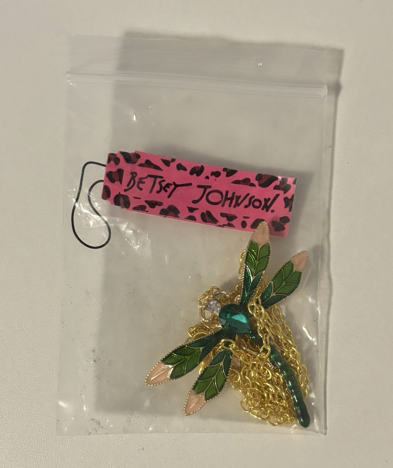 Betsey Johnson Dragonfly Brooch Pin Gold Tone Green Blue Pink Necklace