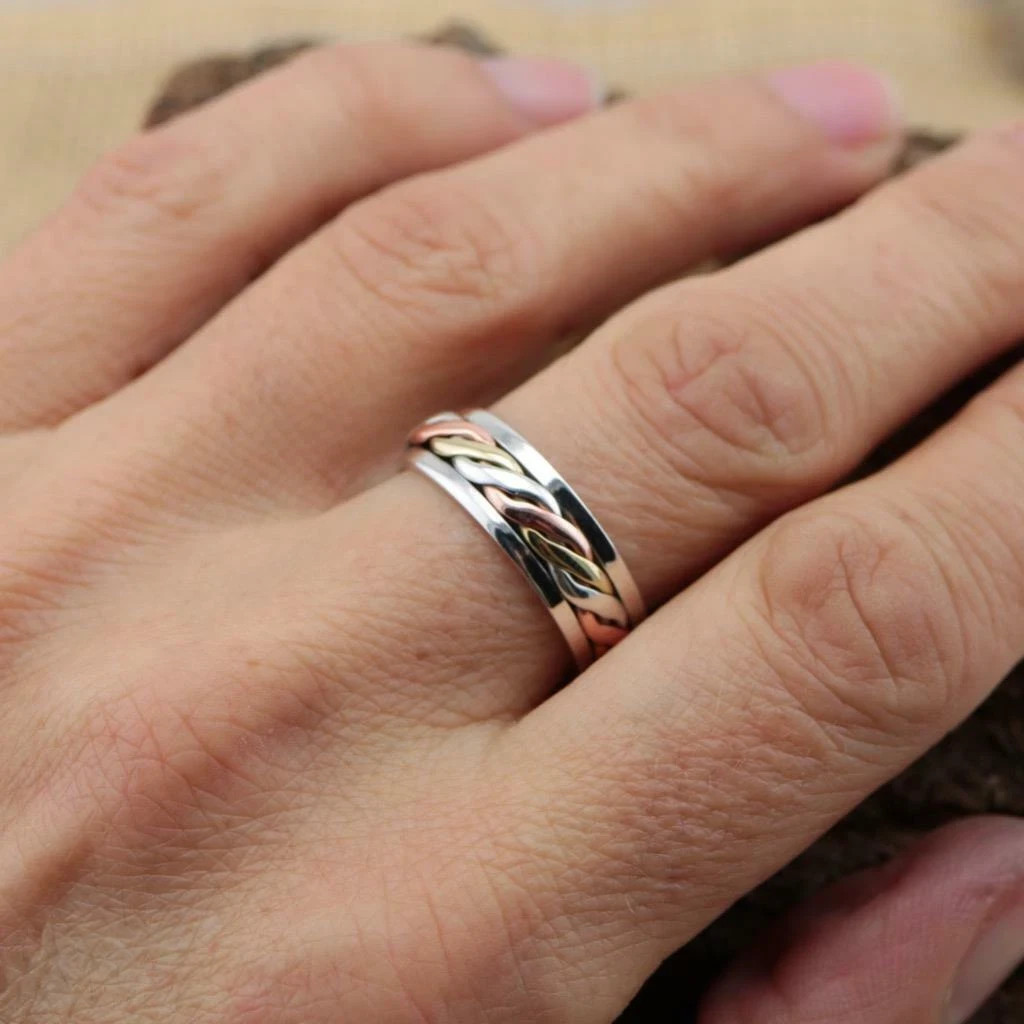 925 Sterling Silver + Brass + Copper, Solid Silver, Band Ring, Unisex