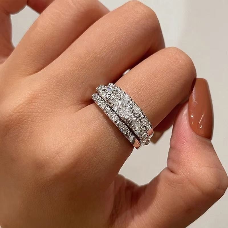 ONE SET 3PCS Fashion Woman White Plated Sparkling CZ Band Ring Sizes 6-10