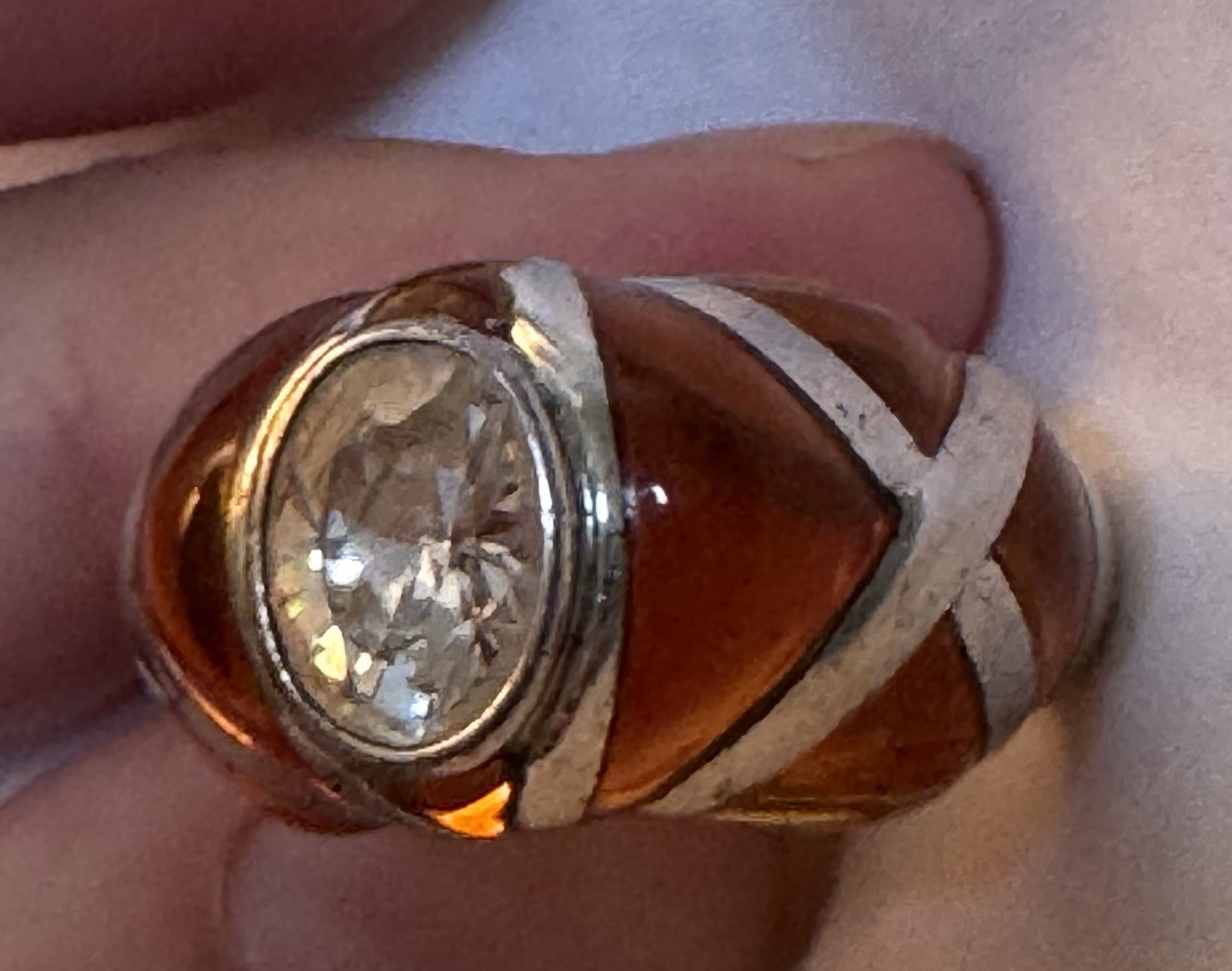 Angelique de Paris Bon Bon 925 Sterling Silver Amber Resin CZ Ring Size 8
