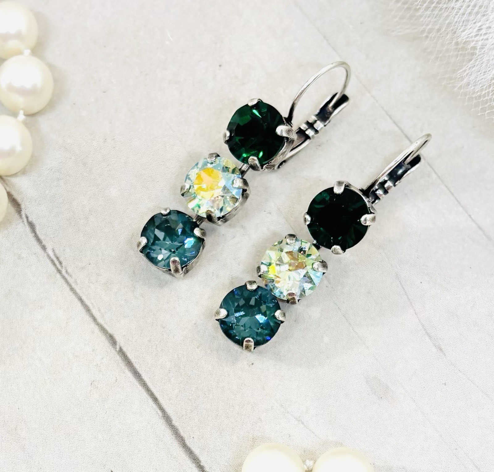 Triple Stone Pine Green Cup Chain Long Earrings