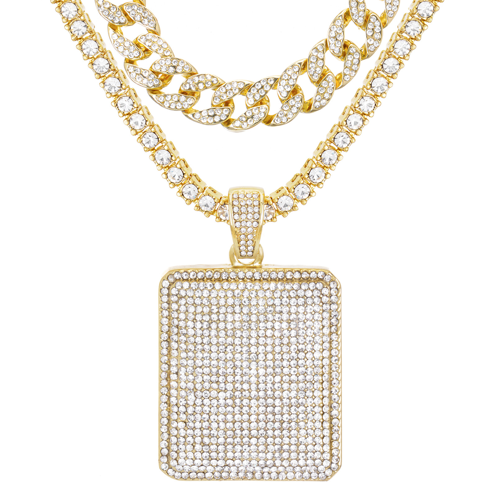 Hip Hop Dog Tag Pendant 24″ Gold Tone Tennis and Cuban Chain Necklace TCMP 723 G