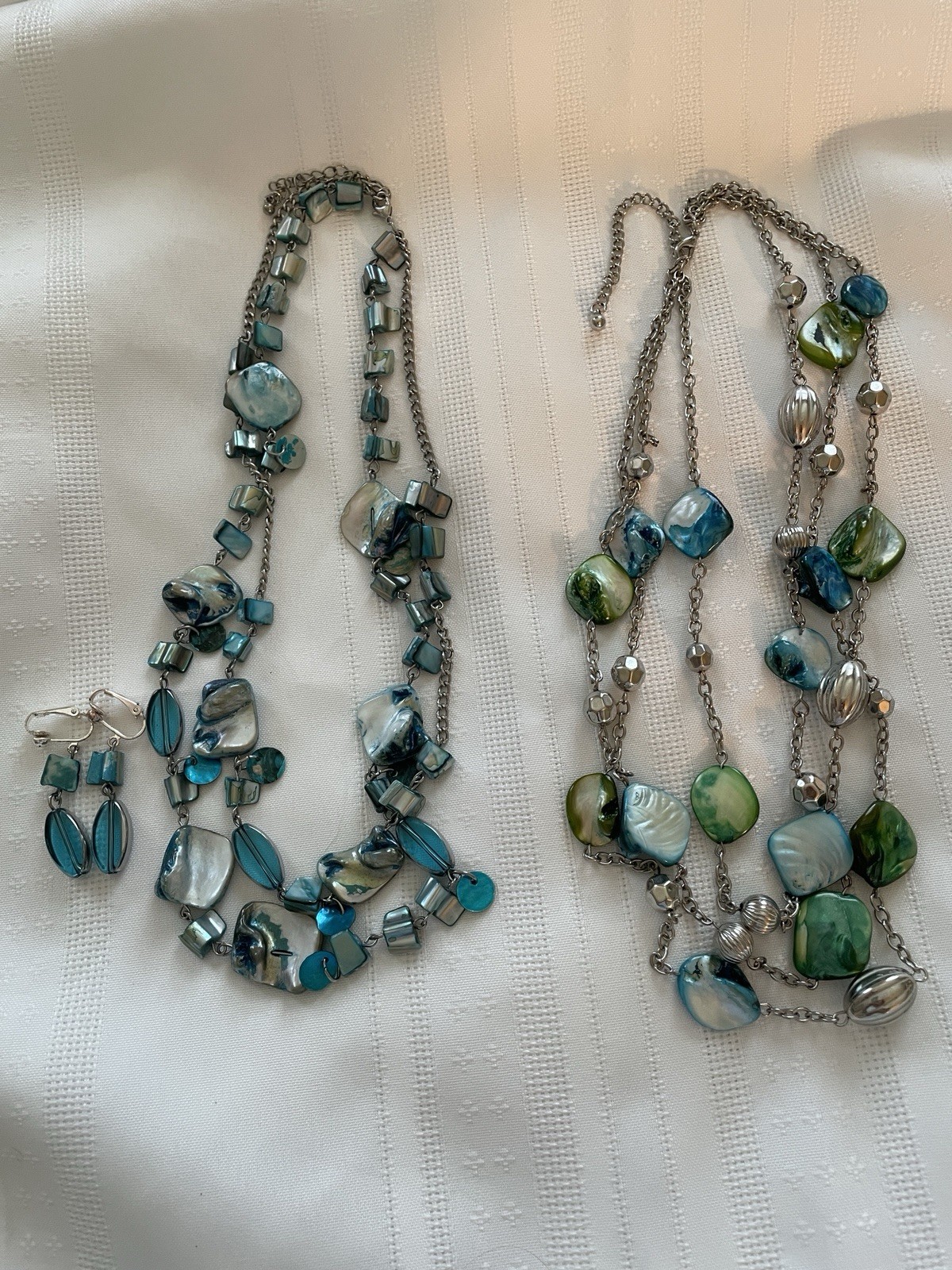 2 Iridescent Shell Bead & Metal Accent Necklaces / Pair Matching Clip Earrings