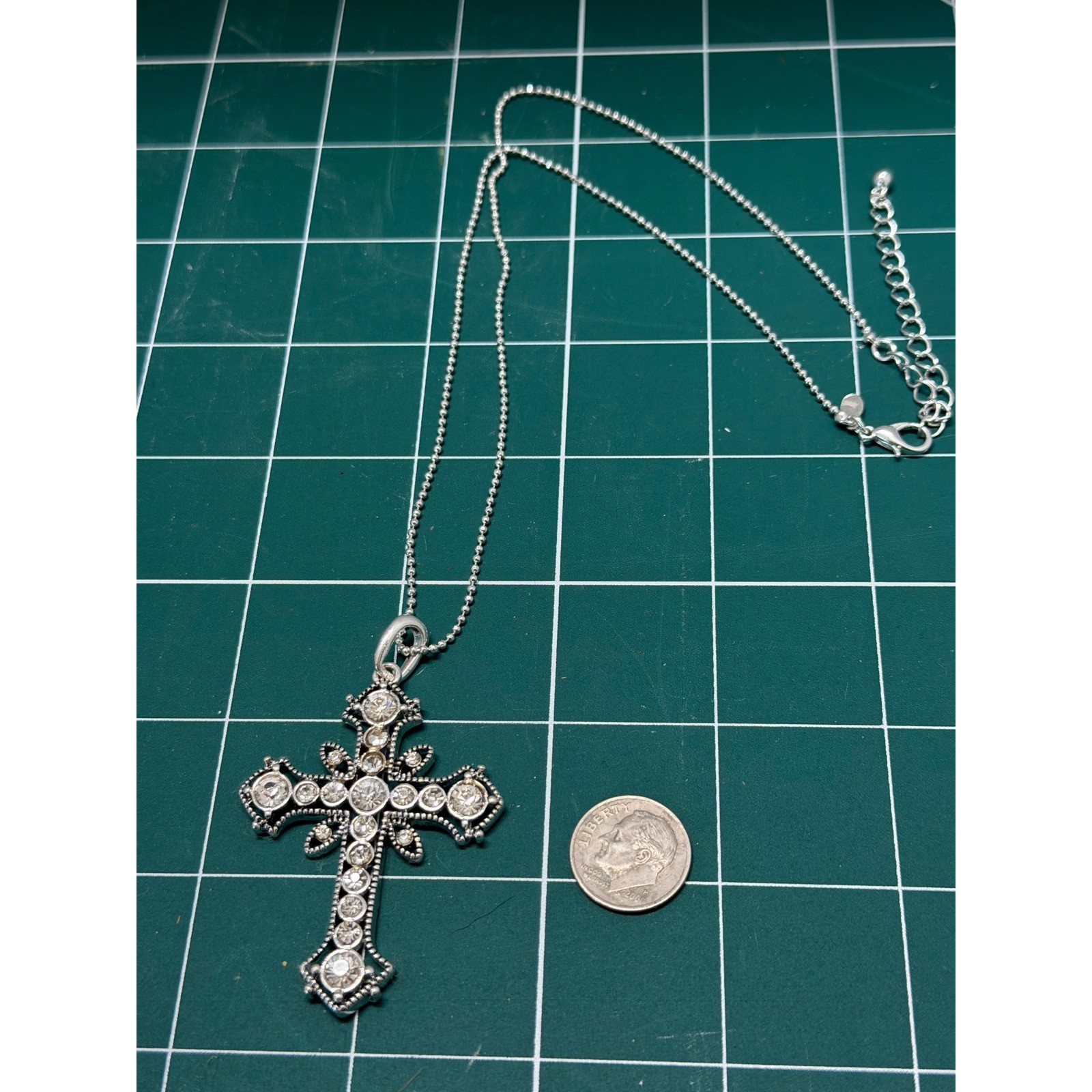 Silver Tone Rhinestone Gothic Cross Pendant Necklace Ball Chain Adjustable 21in