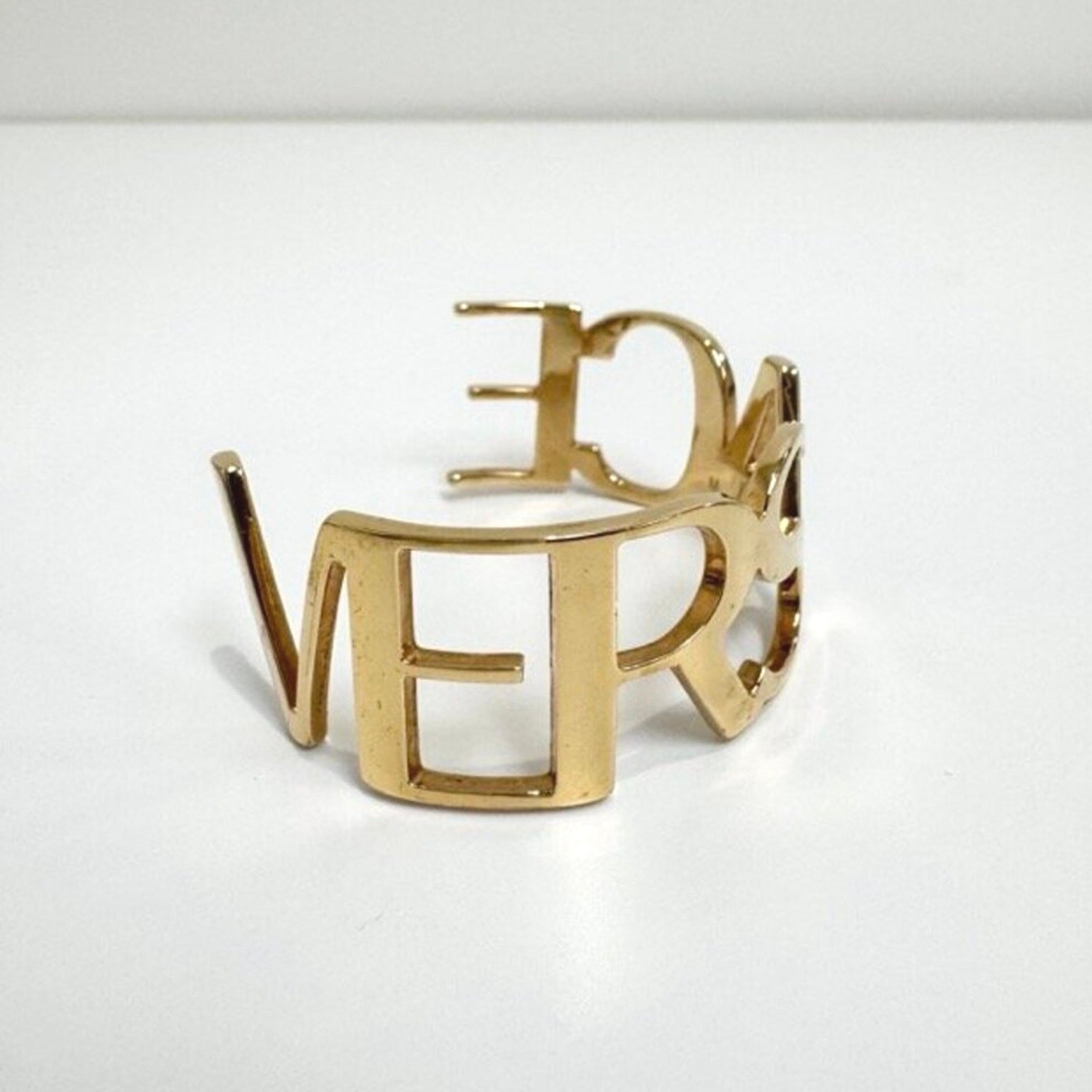 VERSACE Logo Text Cuff Gold-tone Brass Bracelet M Cut Out Large Bangle