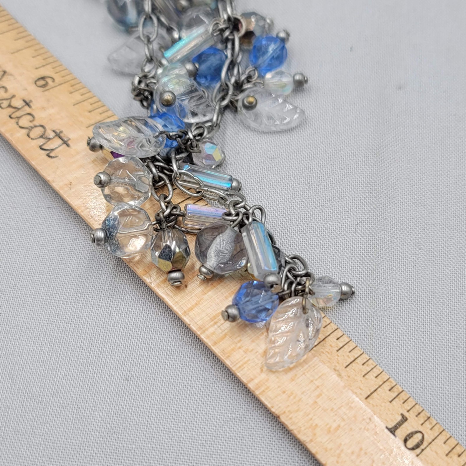 Blue & Clear Glass Bead Necklace Silver tone Triple Chain Layered 18″ adjustable