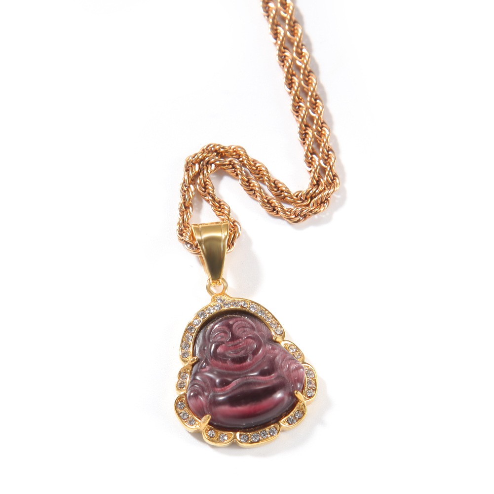 Hip Hop Stainless Steel Maitreya Buddha Pendant Necklace with Rhinestone Jewelry