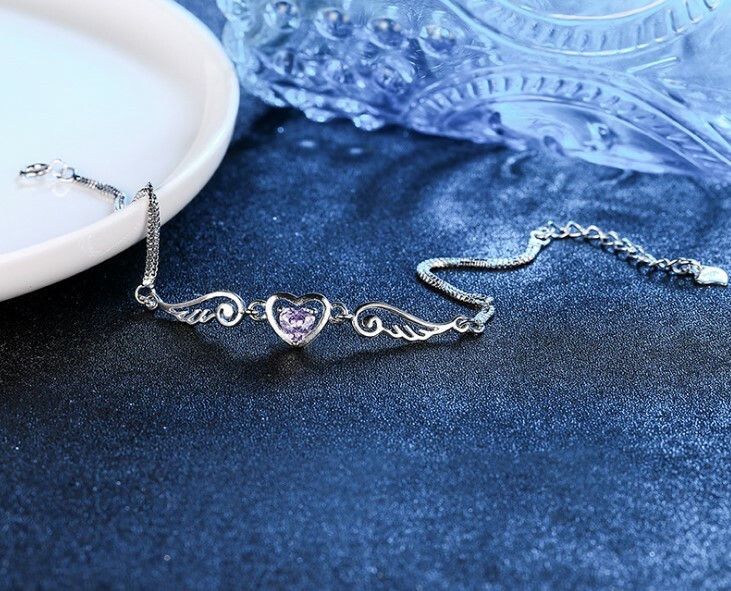 8″ Women Girl Amethyst Angel Wing Heart Chain Sterling Silver Bracelet Gift B14