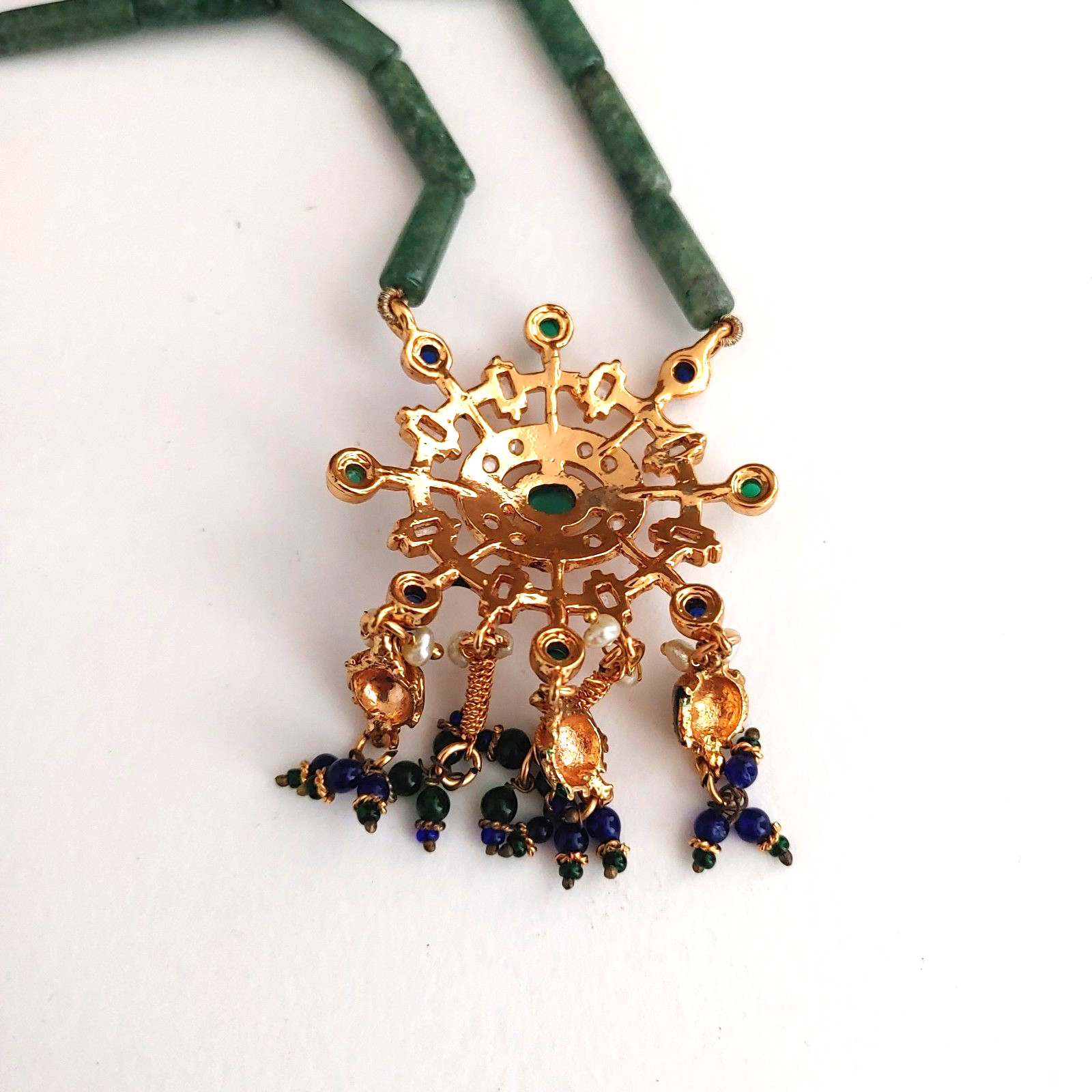 Ornate Gold Tone Green Blue Pendant Necklace Beaded Stone Freshwater Pearls 16”