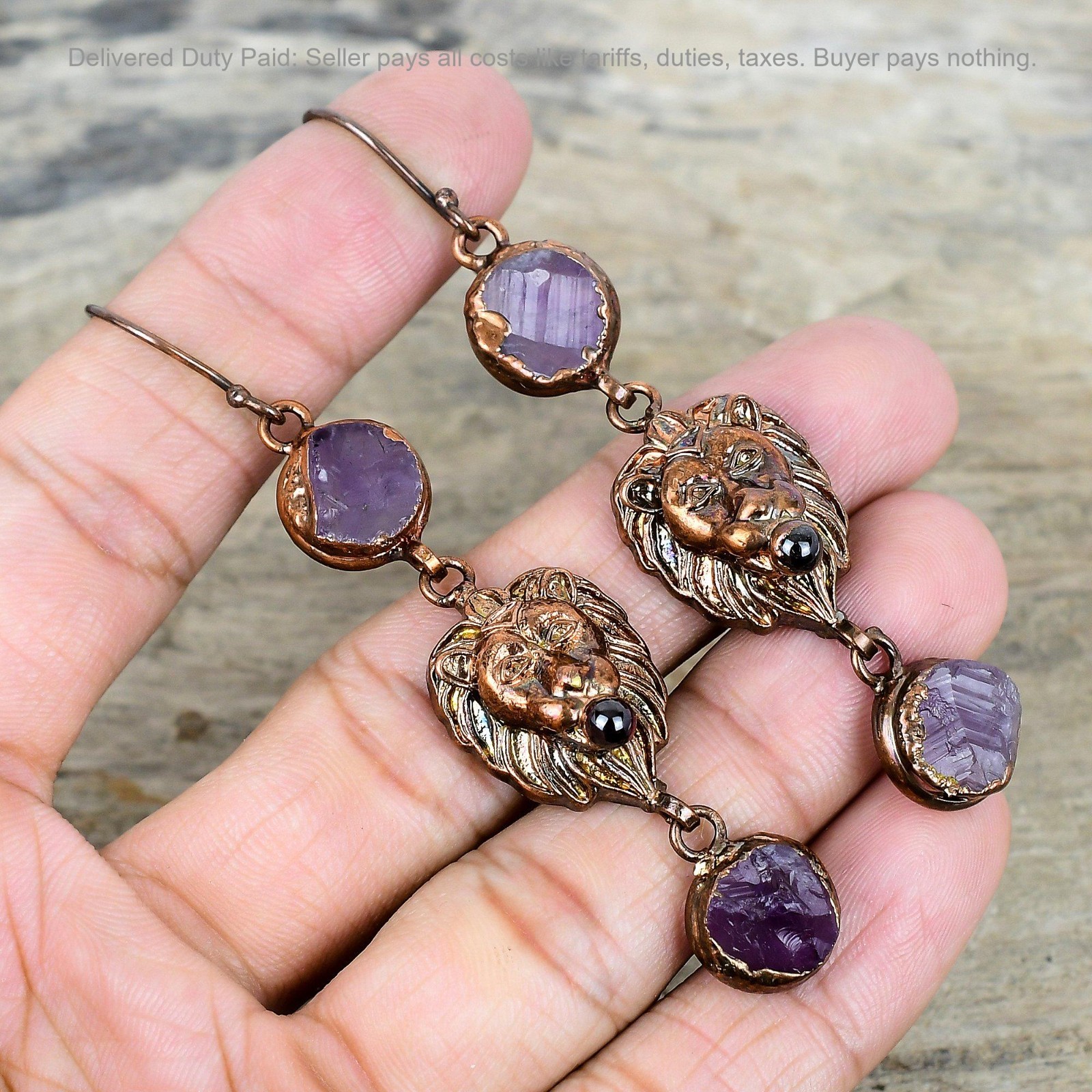 Halloween Deal African Amethyst Rough Stone Drop Wedding Earrings Jewelry Copper
