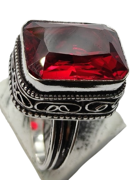 Red Garnet Hydro Gemstone Antique Silver Plated Ring US Size-8.5 A 1241