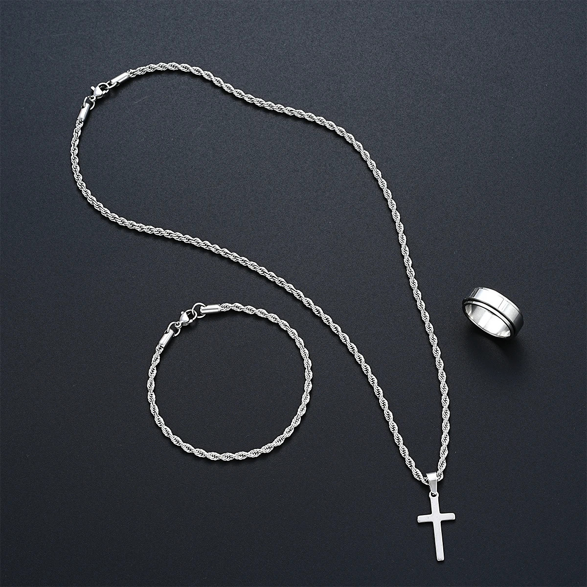 3Pcs Mens Stainless Steel Cross Pendant Necklace Twisted Rope Chain Bracelet Rin