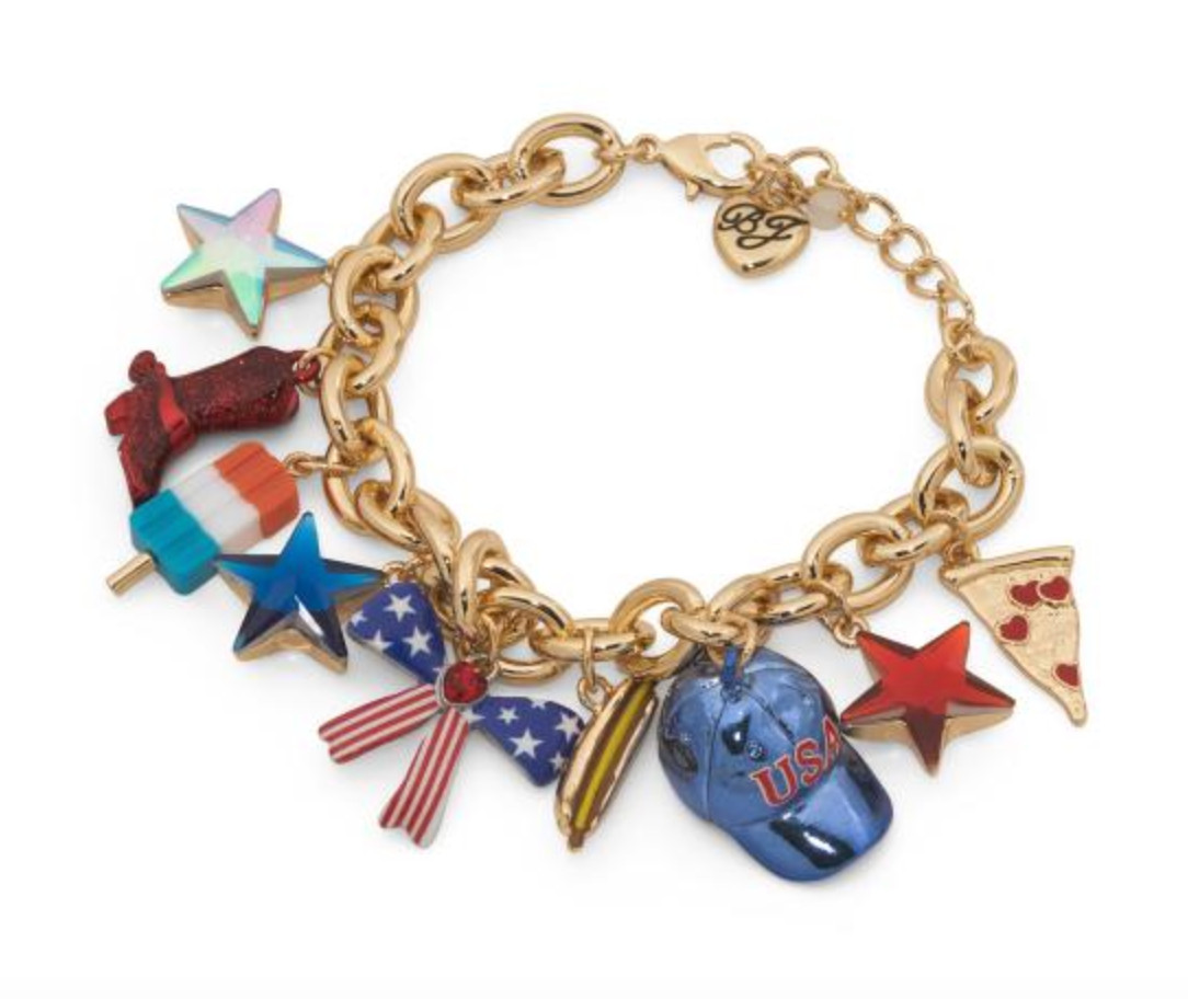 Betsey Johnson bracelet Americana bow USA hat red white blue charms goldtone