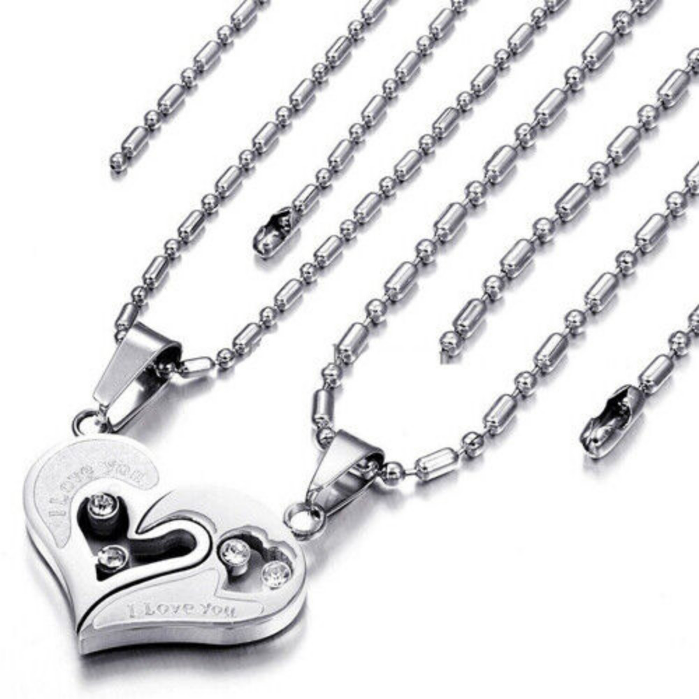 Mens Womens Couple Pendant Necklace His and Hers Gift Stainless Steel Love Heart