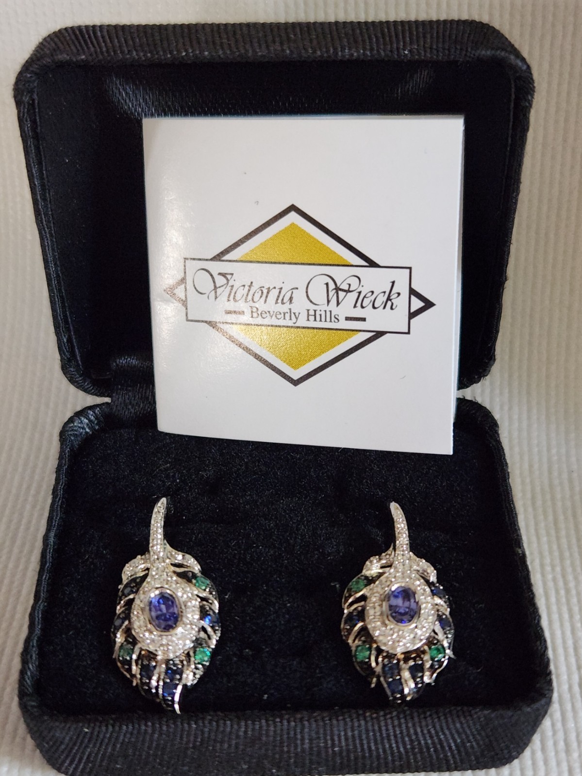 Vintage Victoria Wieck Peacock Feather Simulated Tanzanite Earrings 925 NEW
