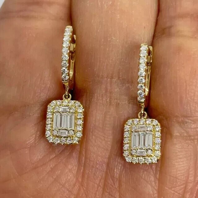 Baguette Cut Simulated Diamond Drop Clip On Earrings In 14K Yellow Gold Plated