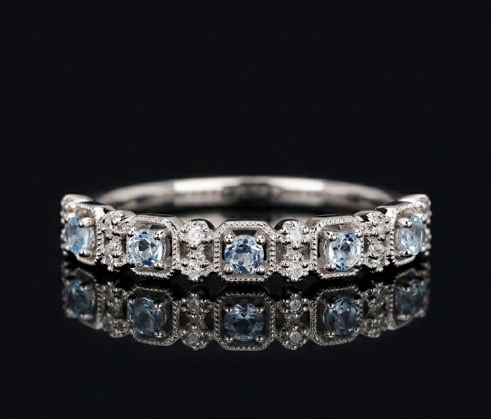 Vintage Aquamarine Sterling Silver Ring, Art Deco Milgrain Detail Band