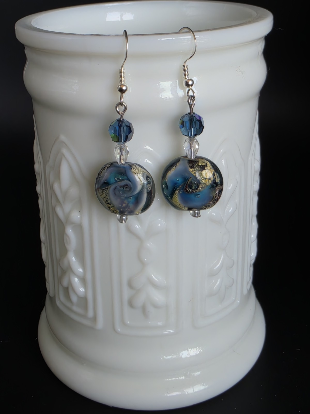 Blue Lampwork Glass Bead Hook Dangle Drop Earrings Silver Tone Handcrafted