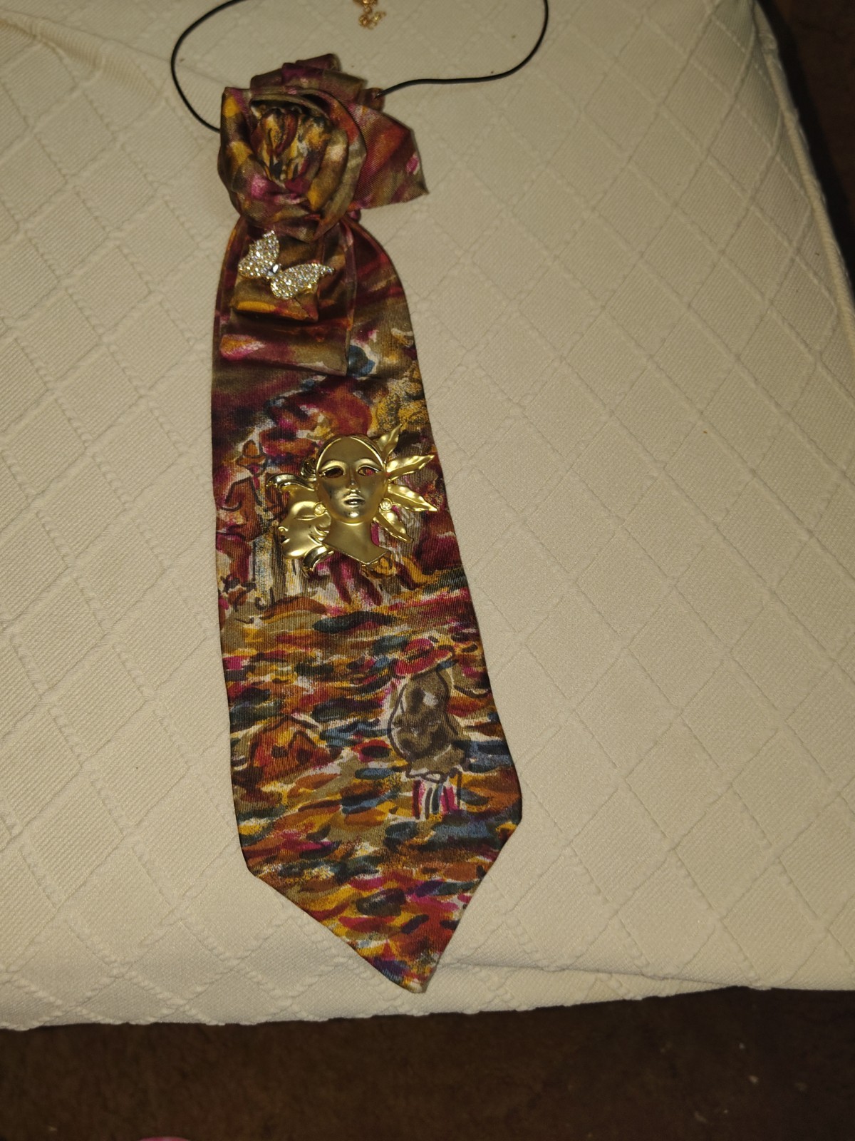Multicolored Necktie Necklace with Goldtone Accents and Chain