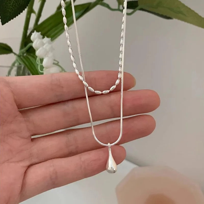 Snake Chain Necklace Rice Droplet 925 Sterling Silver Double Layer Jewelry