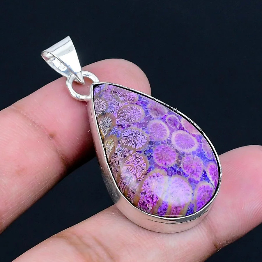 Purple Fossil Coral 925 Silver Plated Handmade Pendant of 1.74″