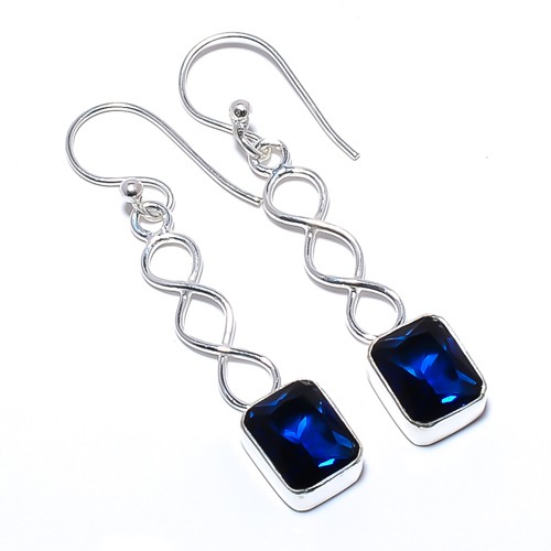 Blue Sapphire (Lab-Created) Handmade Silver Plated Spiral Earring 1.79″ A3